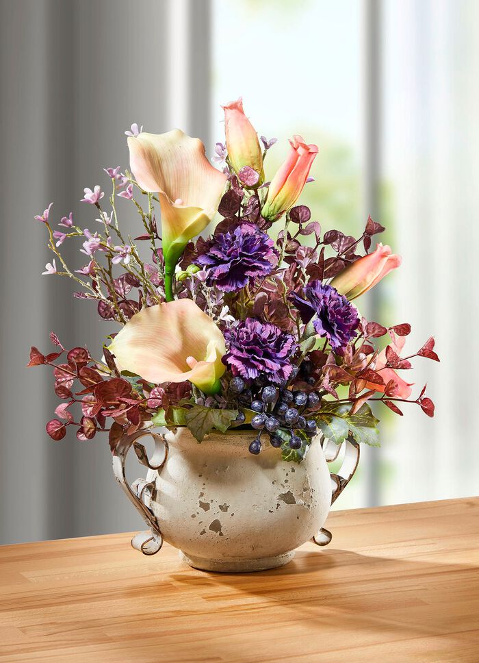 Calla arrangement in een pot met een handvat 