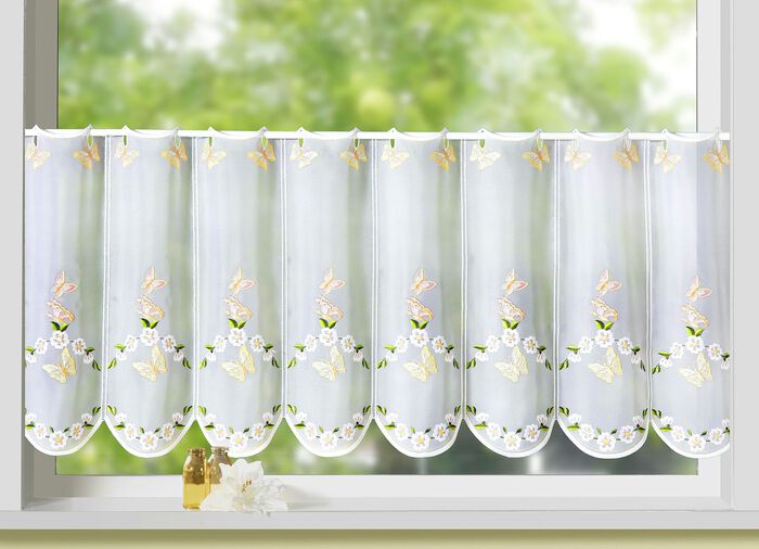 Korte vitrage met echt Plauener kant 