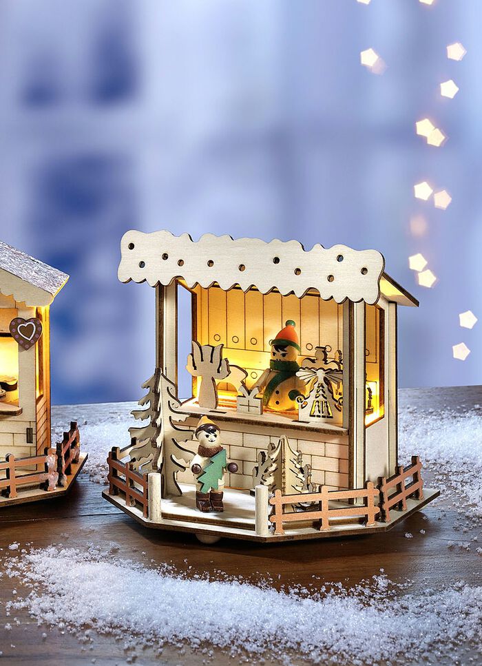 Houten kerstmarktkraam met LED-verlichting NATUREL