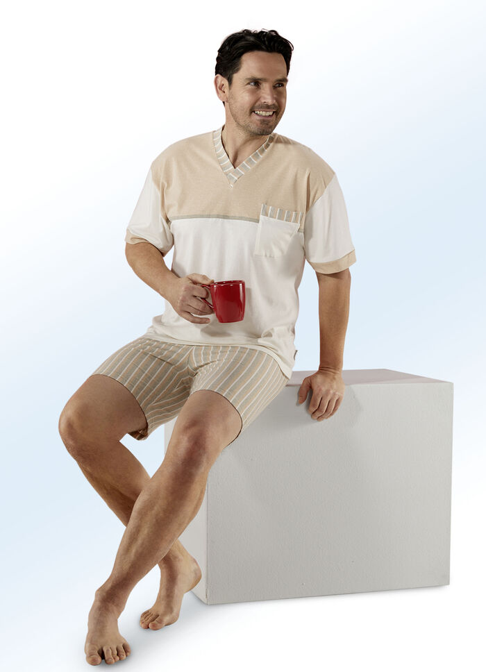 G&ouml;tting shorty met V-hals en borstzak, natuurlijke vezel 