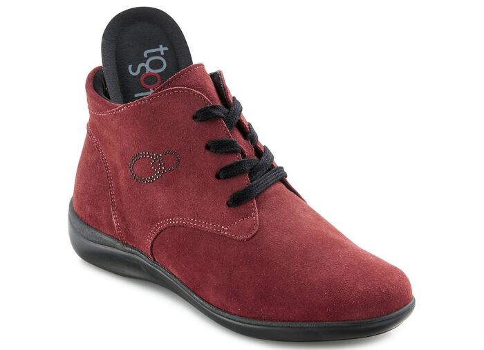 Enkellaarsjes met vetersluiting en subtiele glitterapplicaties BORDEAUX