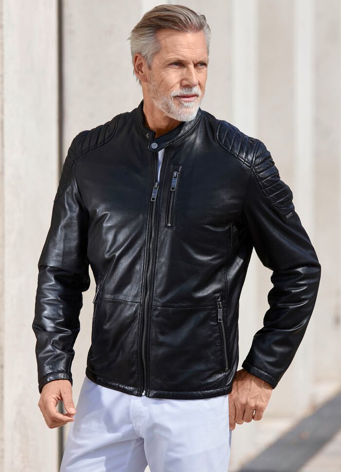 Kort leren jasje met decoratief stiksel 