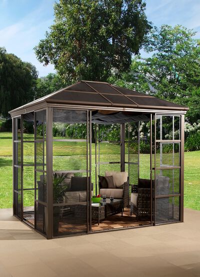 SOJAG aluminium paviljoen Castel in een elegante bronskleur 