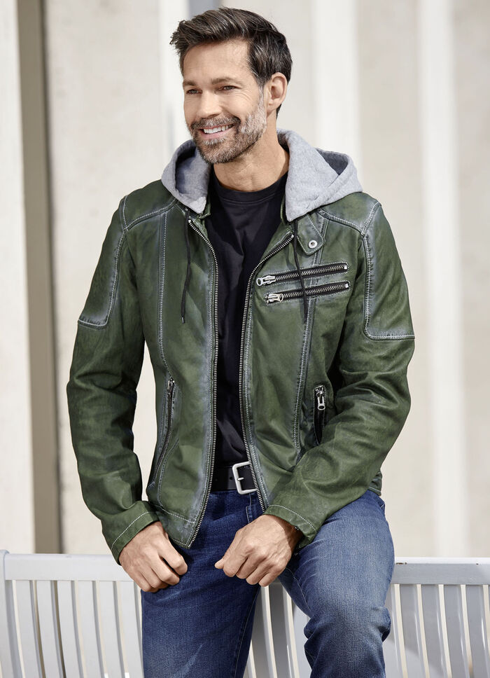 Leren kort jasje met capuchon 