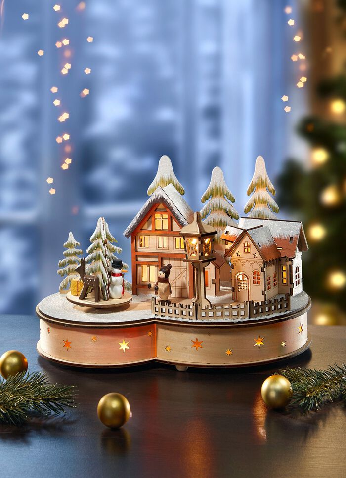 Verlicht houten wintertafereel 