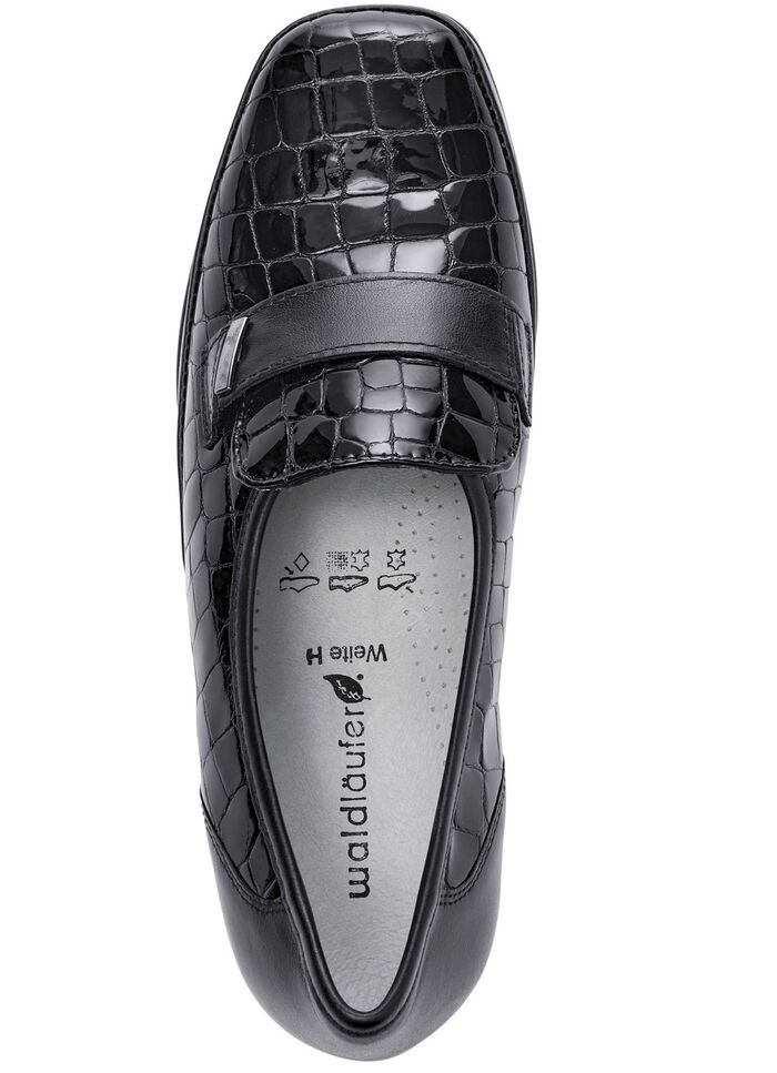 Waldl&auml;ufer pantoffels van leer met krokodillenreli&euml;f ZWART