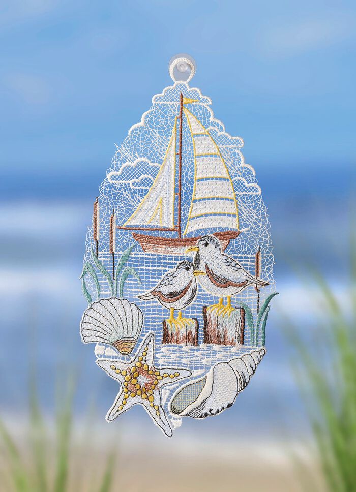 Raamfoto kustliefde gemaakt van echt Plauen kant 