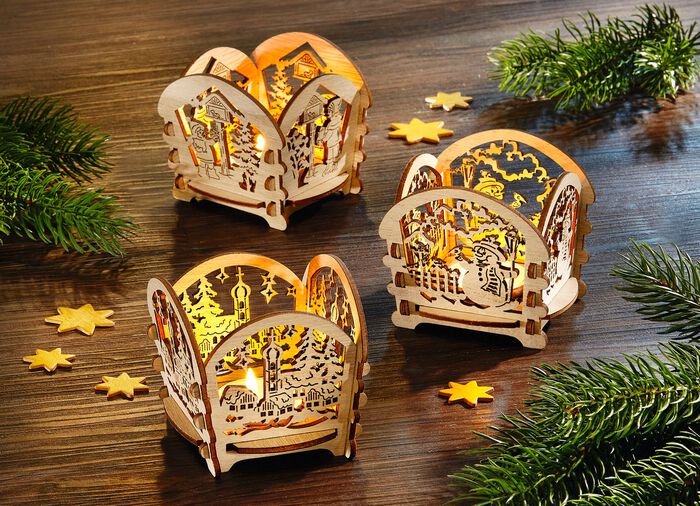 Houten theelichthouders, set van 3 