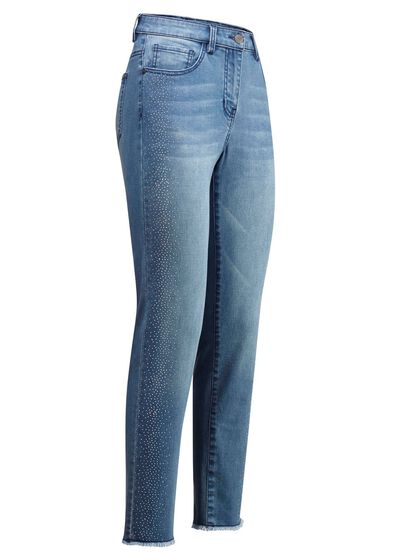 Elegante jeans met leuke strasssteentjes en franjes aan de zoom 