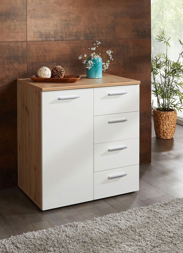 Combinatievriendelijke ladekastserie met metaalkleurige kunststof handgrepen WITTE ARTISANALE EIK