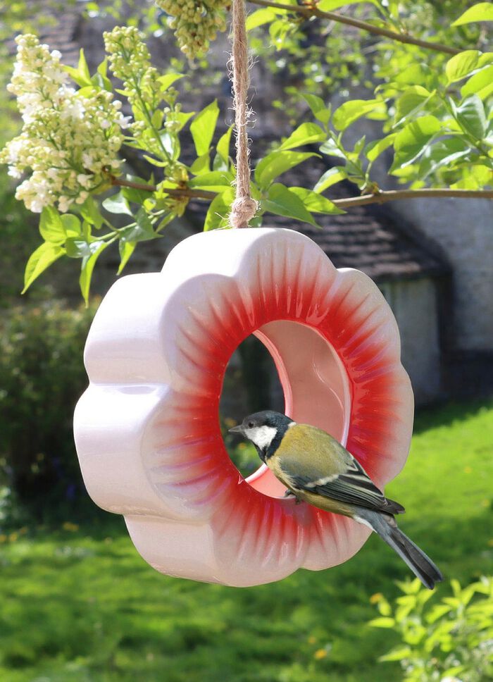 Klaprozenvoederstation van geglazuurd keramiek ROZE