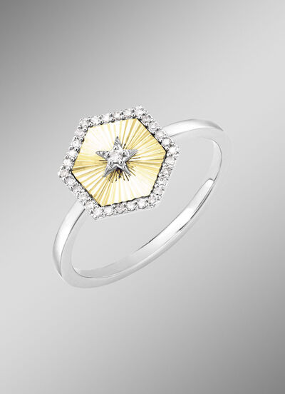 Damesring in bicolor met 1 briljant geslepen diamant en 30 diamanten 
