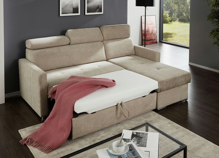 Gestoffeerde hoek met slaapfunctie en bedstee BEIGE