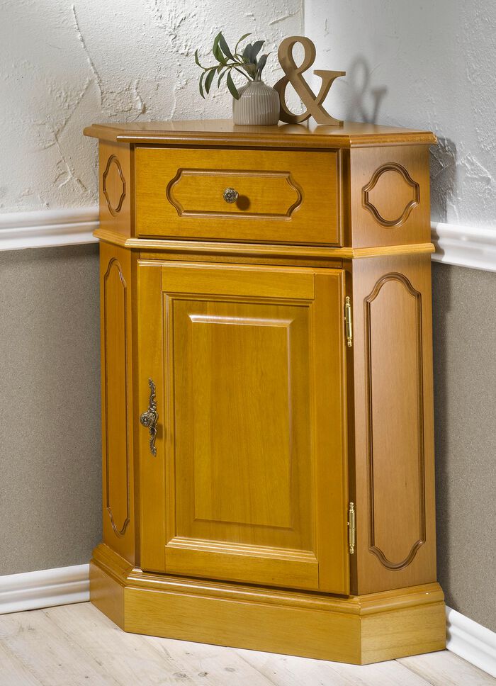 Deels massieve hoekladekast met metalen handgrepen 