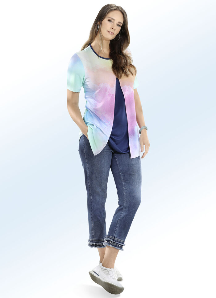 Jeans in 7/8-lengte met franjes aan de zoom en prachtige parelversiering 