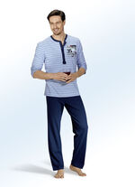 Set van twee pyjama's met lange knoopsluiting, garengeverfd gestreept dessin en geprint motief 