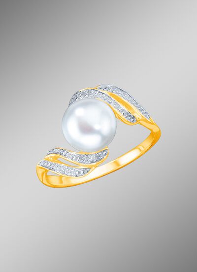 Vergulde damesring met zoetwater-cultiv&eacute;parel 
