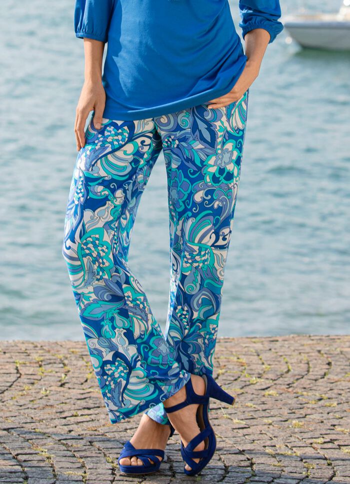 Broek met glanzende gekleurde inkjetprint 