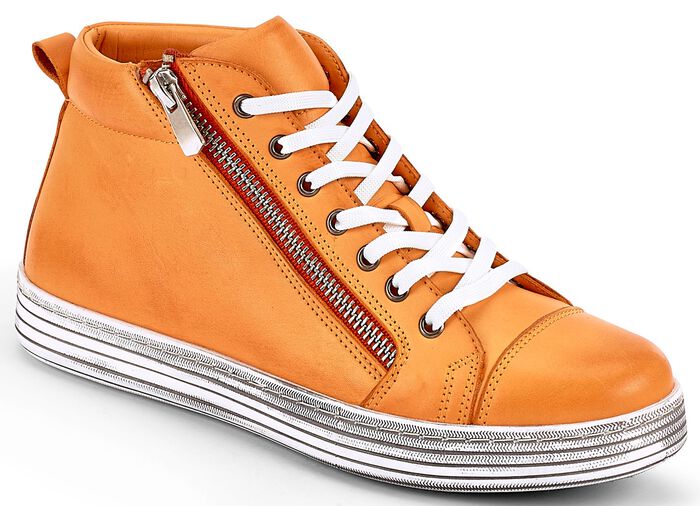 Trendy veterbootie in 3 kleuren met uitneembaar leren voetbed, breedtemaat G GEELORANJE