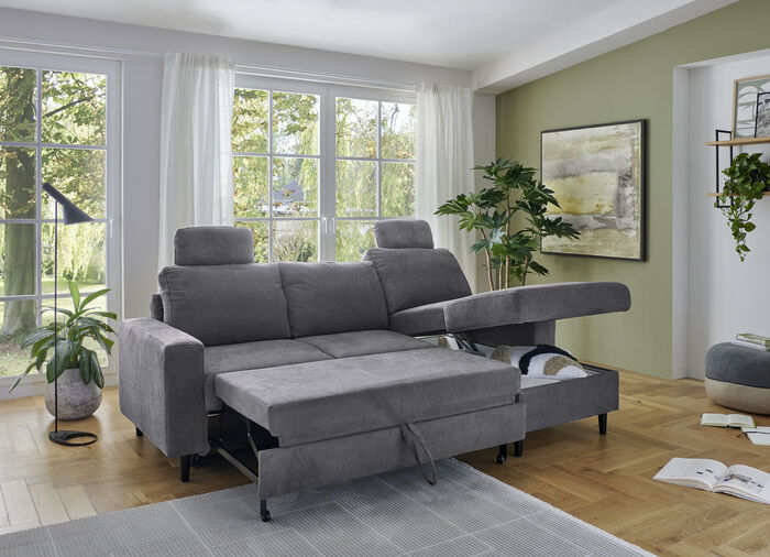 Hoekbank met bedfunctie en chaise longue ANTHRAZIT