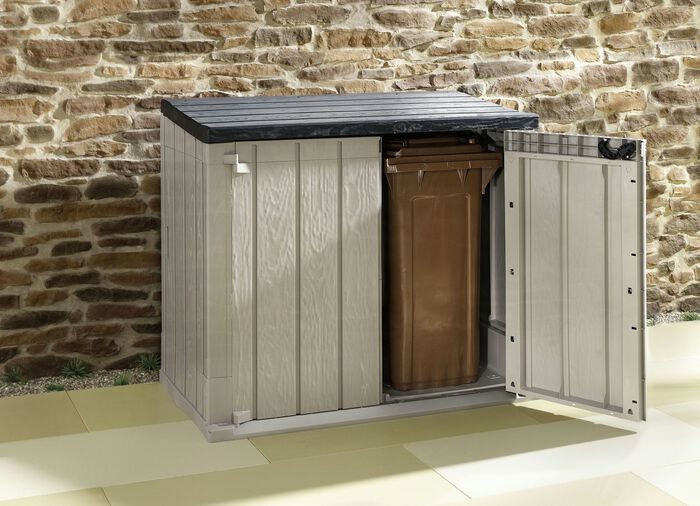 Vuilnisbak op wieltjes van polypropyleen met houtlook 