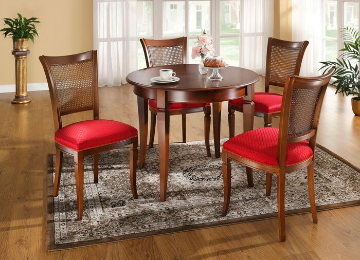 Elegant eetkamermeubel met houtsnijwerk op de poten NOTENBOOM-ROOD