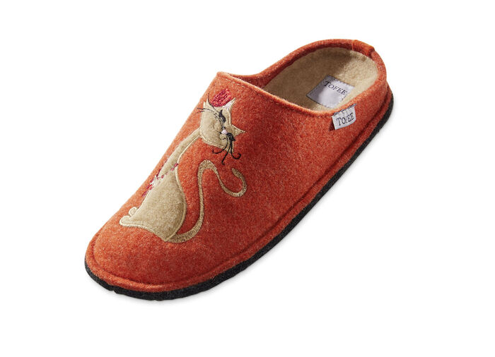 Pantoffels met qua kleur bijpassende kattenapplicatie ORANJE