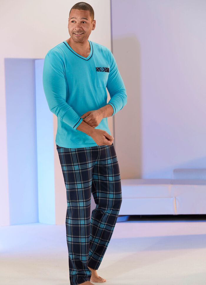 Pyjama met V-hals, opgestikte borstzak en ruitmotief 