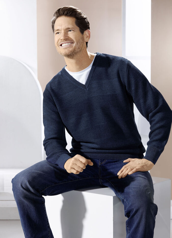 Trui met V-hals en gestructureerd ontwerp in 3 kleuren MARINE