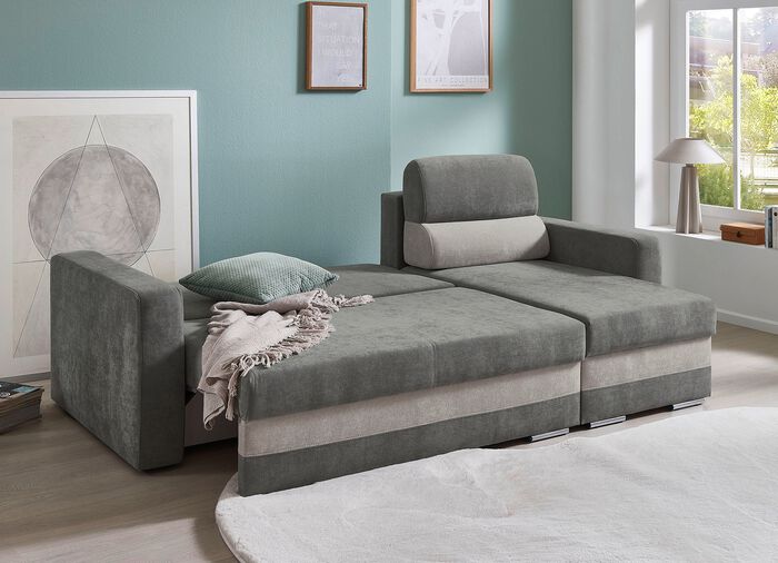 Comfortabele gestoffeerde hoekbank met bedfunctie GRIJS-LICHTGRIJS