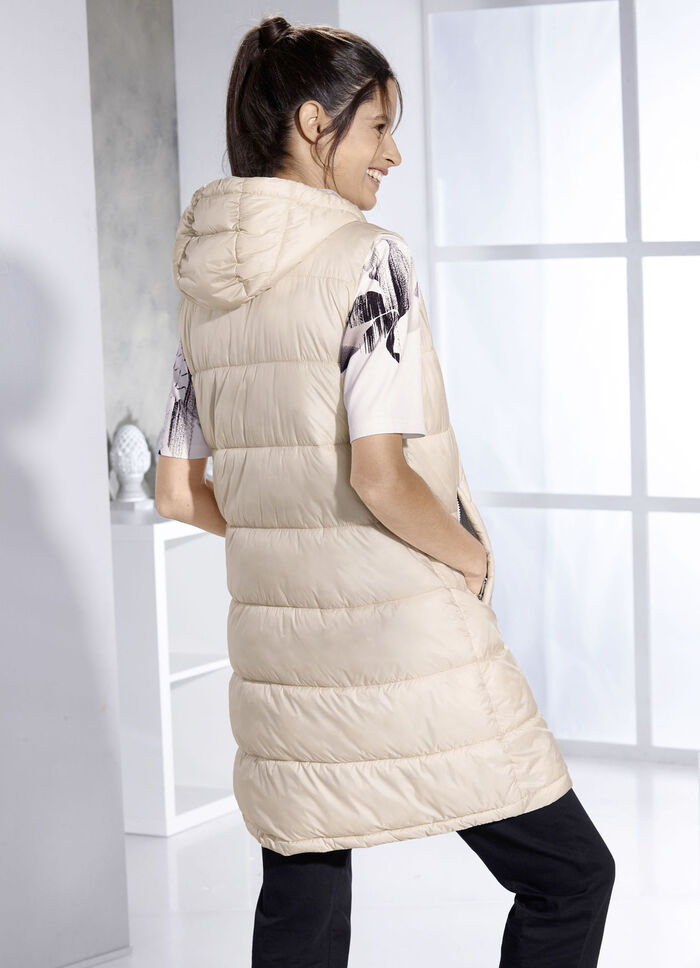Functioneel lang vest met vaste capuchon CHAMPAGNE