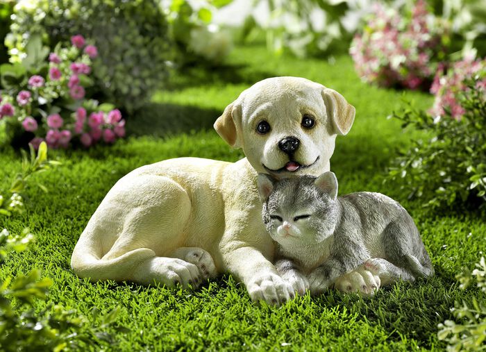 Hond en kat van kunststeen BEIGE-GRIJS-WIT