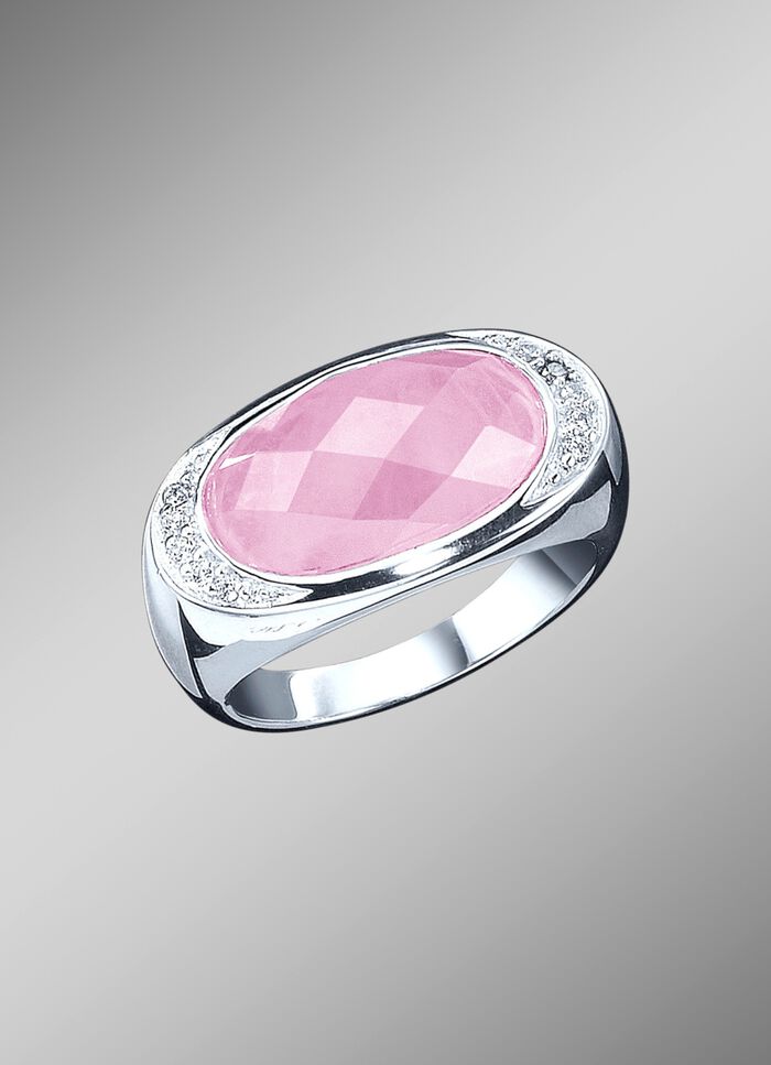 Damesring met echte rozenkwarts en synthetische zirkonia 