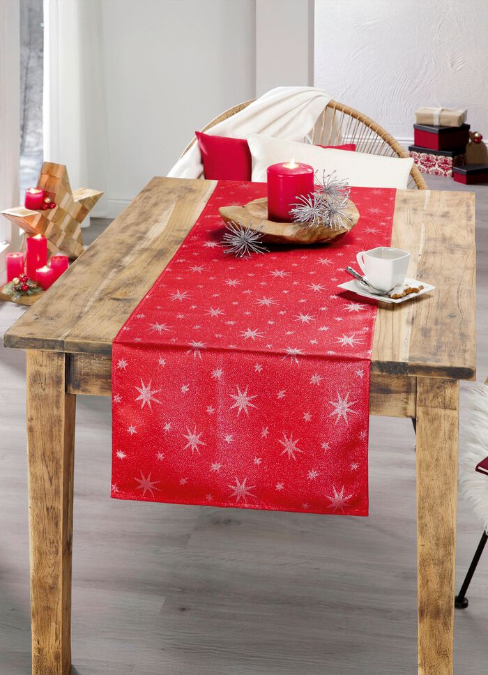 Tafeldecoratie met vlekbescherming en glittergaren ROOD-ZILVER