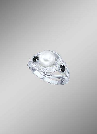 Damesring met synthetische zirkonia en zoetwaterparel 