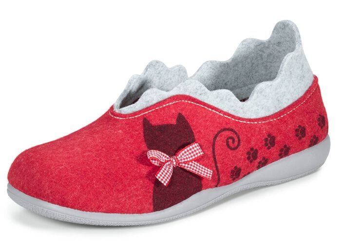 Laurina vilten pantoffels met een brutale kattenprint ROOD-LICHTGRIJS