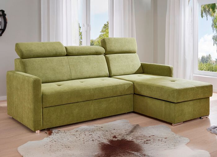 Hoekbank met slaapfunctie, met links of rechts monteerbare ligbank GROEN