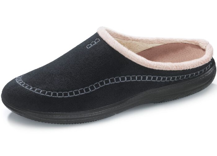 Velours pantoffels met decoratieve stiksels ZWART