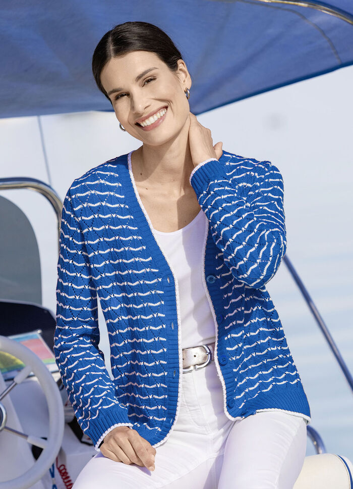 Cardigan met fijne streepjes en opengewerkte ruiten AZURBLAU-WEISS