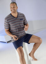 Shorty met V-hals, garengeverfd gestreept dessin en borstzak 