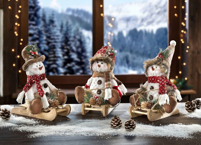 Sneeuwpoppen, set van 3, op houten slee&euml;n 