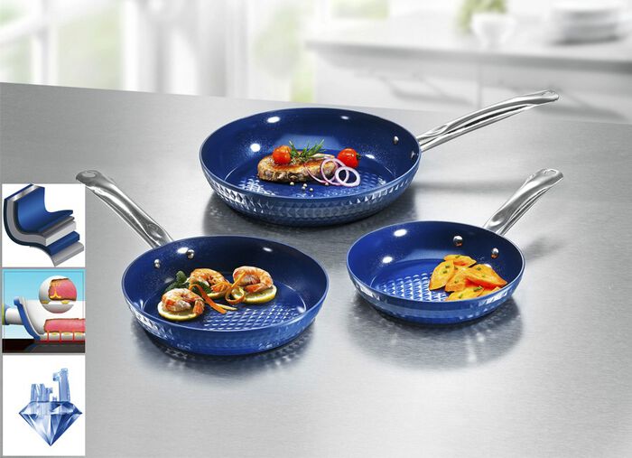 Ceraflon pannenset, 3-delig, met diamant-antiaanbaklaag BLAUW