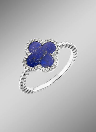 Klaverblad damesring met echte lapis lazuli en synthetische zirkonia 