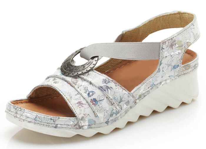 Sandaal gemaakt van nubuckleer met bloemenprint IJSGRIJS