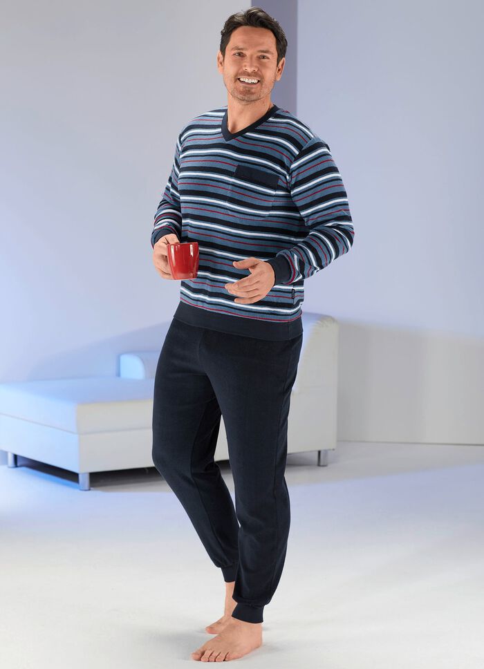 Pyjama van stretch badstof met boorden, V-hals en garengeverfd streepmotief 