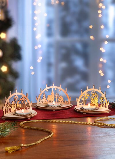 Houten theelichthouders, set van 3 