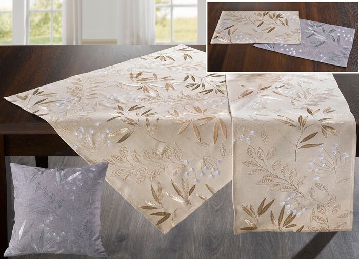 Geborduurde tafel- en kamerdecoratie met gras- en bladmotief 