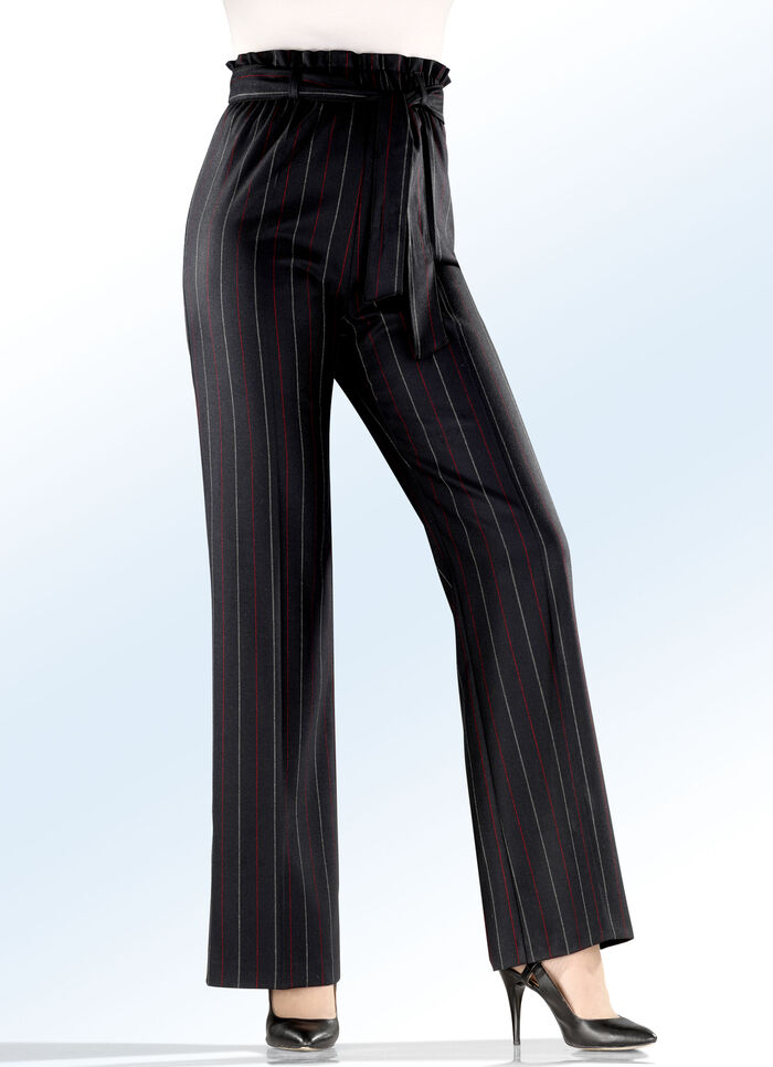 Fijn gestreepte broek in trendy paperbag-stijl ZWART-ROOD-GRIJS