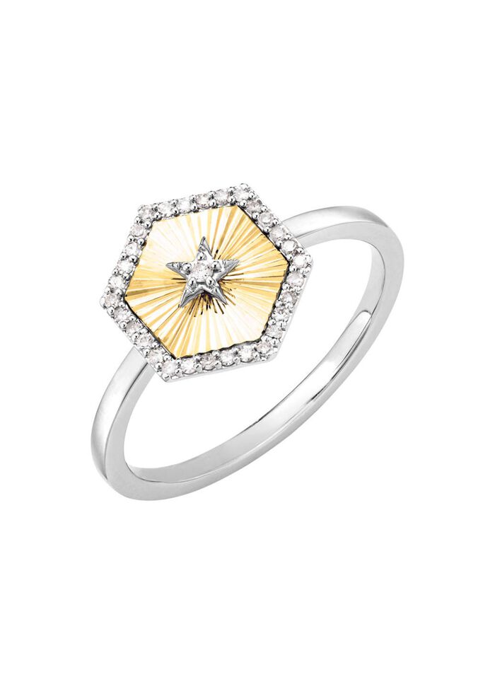 Damesring in bicolor met 1 briljant geslepen diamant en 30 diamanten 