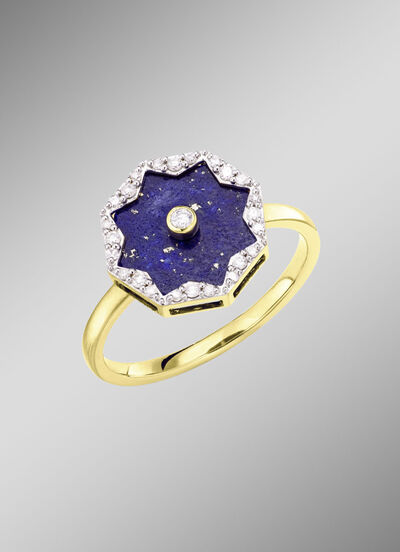Damesring met echte lapis lazuli, briljant geslepen diamanten en diamanten 